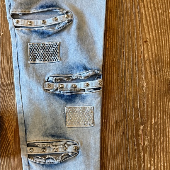 Revel Trendy Light Blue high waisted Skinny Jeans with Distressed bling Accents - Picture 9 of 10